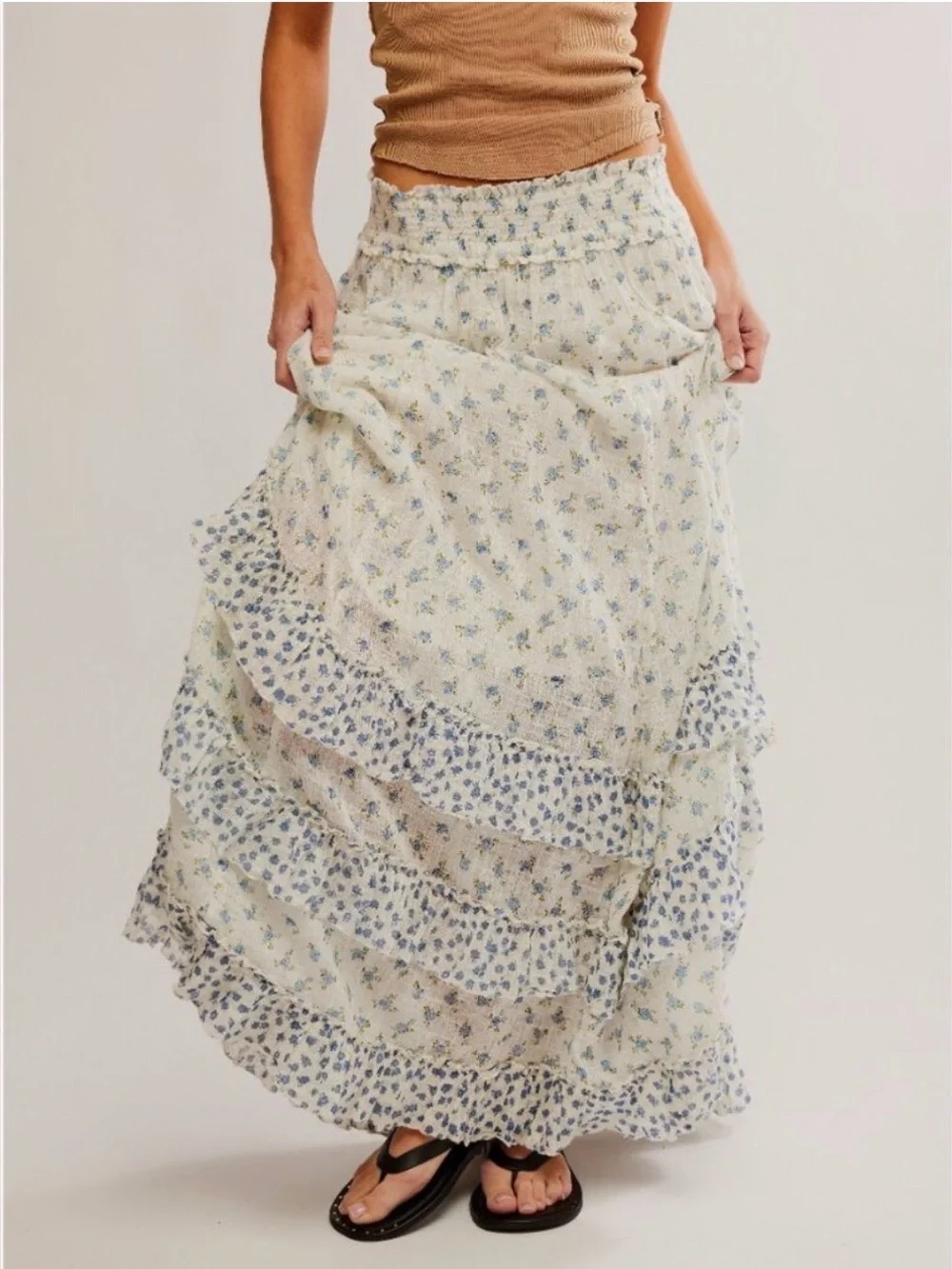 Free People Brynn Printed Ruffle Maxi Skirt | Ditsy Ivory Combo